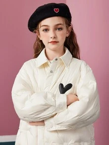 Tween Girl Heart Pattern Button Up Padded Coat - White - View 11