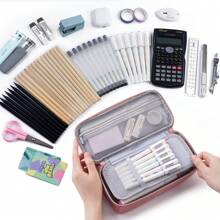 Large Pencil Case,Pencil Pouch With Zipper Compartments,Aesthetic Pencil Case For Adults,Stationery Pouch Pen Case For Office,Suitable For Junior High School Primary School Boys And Girls College Student - 粉色 - 查看 4