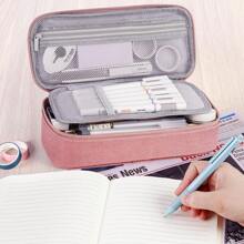 Large Pencil Case,Pencil Pouch With Zipper Compartments,Aesthetic Pencil Case For Adults,Stationery Pouch Pen Case For Office,Suitable For Junior High School Primary School Boys And Girls College Student - 粉色 - 查看 1