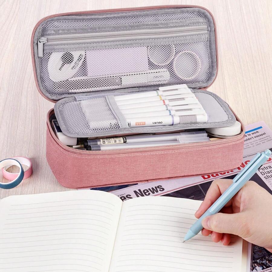 Large Pencil Case,Pencil Pouch With Zipper Compartments,Aesthetic Pencil Case For Adults,Stationery Pouch Pen Case For Office,Suitable For Junior High School Primary School Boys And Girls College Student - 粉色 - 查看 1
