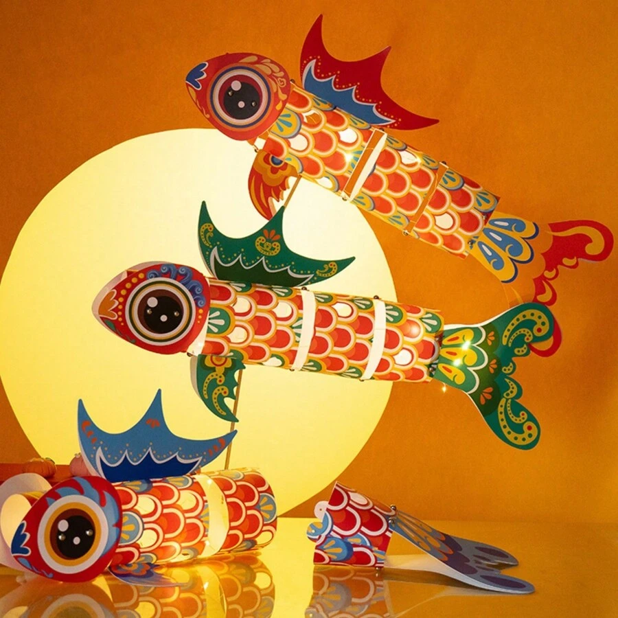 農曆新年鯉魚燈,龍年創意紙鯉燈,手作diy燈籠製作套件,新年彩紙裝飾燈籠,繽紛燈籠 - 彩色 - 查看 1