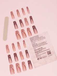 Transform Your Nails with 24pcs Extra Long Coffin Nude Khaki Matte Heart Line Fake Nail & 1sheet Tape & 1pc Nail File - Multicolor - View 2