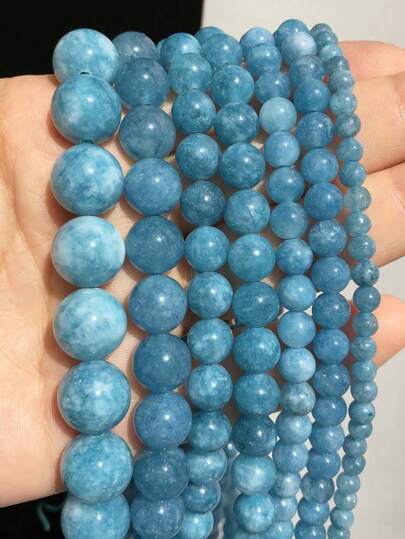 Natural Stone Blue Chalcedony Aquamarines Angelite Jade Loose Round Beads For Jewelry Making DIY Bracelet Accessories 15''