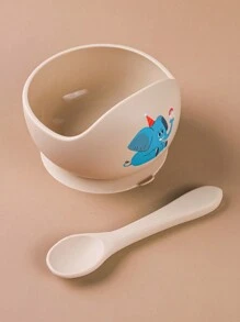 2pcs/Set Baby Feeding Set Silicone Bowl And Silicone Spoon, Baby Tableware Training Bowls With Suction Cup, Soft Silicone Material, Cartoon Animals Prints - Beige - View 9