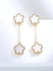 1set Luxurious Flower & Lucky Clover Double Sided Earrings, Inlaid With Zirconia, Exquisite Accessory That Goes Well With Any Outfits - Gold - View 18