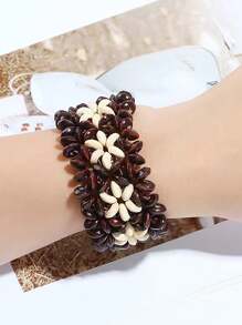 1入手工多層花形木珠編織手鍊,男女皆宜歐式復古朋克情侶手鍊 - 黑色 - 查看 2