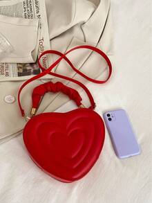 1只時尚前衛的純色心型pu皮革可調肩帶拉鍊風格女孩手提包,適合日常外出、搭配服裝和派對 - 紅色 - 查看 6