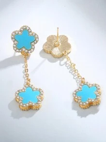 1set Luxurious Flower & Lucky Clover Double Sided Earrings, Inlaid With Zirconia, Exquisite Accessory That Goes Well With Any Outfits - Gold - View 3