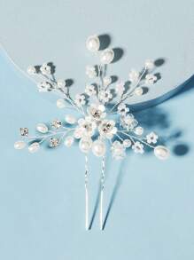 1個品味優雅的珍珠花水晶手工婚禮新娘髮夾,歐美式婚禮造型頭飾,高雅髮飾配件 - 銀色 - 查看 3