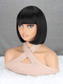 Peluca De Corte Bob Corto De 10 Pulgadas Con Flequillo Para Uso Diario Y Fiesta - Negro - Ver 4