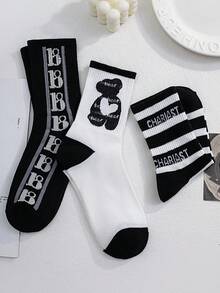 3雙女款黑白卡通熊中筒襪,日式鯊魚褲,適合日常穿著 - 黑與白 - 查看 5