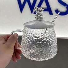 1入組錘紋玻璃杯,配熊狀手柄和蓋子,大容量茶/咖啡杯,適用於家庭和辦公室 - 白色 - 查看 5