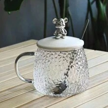 1入組錘紋玻璃杯,配熊狀手柄和蓋子,大容量茶/咖啡杯,適用於家庭和辦公室 - 白色 - 查看 6