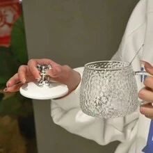1入組錘紋玻璃杯,配熊狀手柄和蓋子,大容量茶/咖啡杯,適用於家庭和辦公室 - 白色 - 查看 3