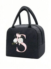 1 pezzo Borsa termica, Borsa termica per il pranzo, Borsa frigo per ragazzi e ragazze, Borsa a mano, Lunch box, Borsa per il ghiaccio, Borsa per il cibo da picnic, Lunch box con motivo floreale e lettera, Borsa per il pranzo in tela leggera e portatile, Borsa per il pranzo per scuola, ufficio, picnic (Nero)
