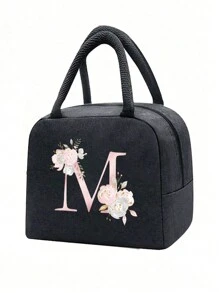 1 pezzo Borsa termica, Borsa termica per il pranzo, Borsa frigo per ragazzi e ragazze, Borsa a mano, Lunch box, Borsa per il ghiaccio, Borsa per il cibo da picnic, Lunch box con motivo floreale e lettera, Borsa per il pranzo in tela leggera e portatile, Borsa per il pranzo per scuola, ufficio, picnic (Nero)