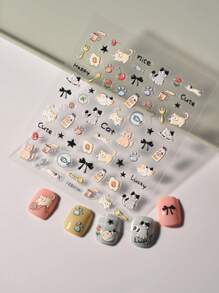 1pc 5d Embossed Cartoon Bowknot & Kitten Design Waterproof Nail Sticker Nail Stickers DIY - Multicolor - View 6