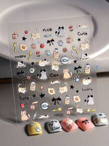 1pc 5d Embossed Cartoon Bowknot & Kitten Design Waterproof Nail Sticker Nail Stickers DIY - Multicolor - View 1