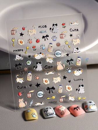 1pc 5d Embossed Cartoon Bowknot & Kitten Design Waterproof Nail Sticker Nail Stickers DIY
