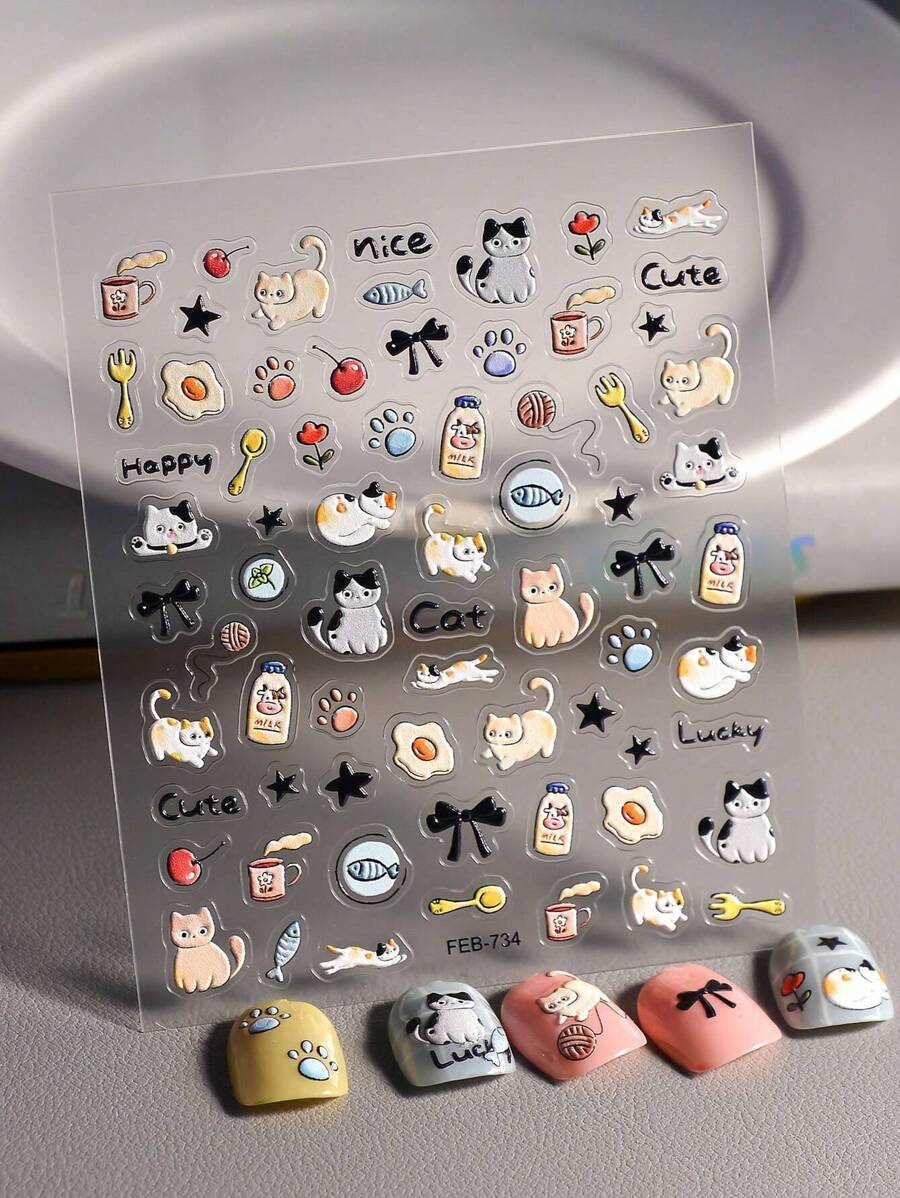 1pc 5d Embossed Cartoon Bowknot & Kitten Design Waterproof Nail Sticker Nail Stickers DIY - Multicolor - View 1