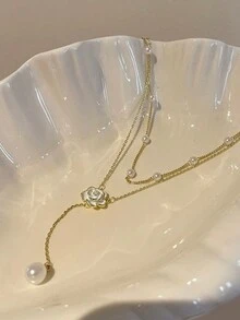 1條雙層性感y型流蘇和山茶花珍珠女士項鍊 - 金色 - 查看 2