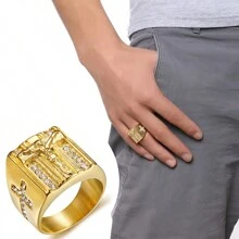 18K Gold Plated 1pc Stainless Steel Jewelry Glamorous Vintage Cubic Zirconia Men's Ring Gift For Daily Commute