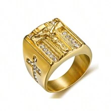 18K Gold Plated 1pc Stainless Steel Jewelry Glamorous Vintage Cubic Zirconia Men's Ring Gift For Daily Commute