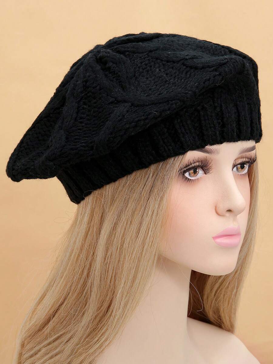 Z.H.A 1件純色彈性針織帽,時尚的肋紋針織帽,冬季保暖防風鴨舌帽,輕盈透氣的無邊帽子,適合女性 - 黑色 - 查看 1