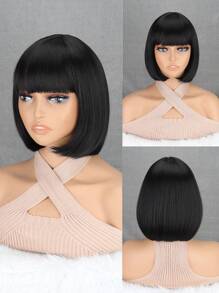 Peluca De Corte Bob Corto De 10 Pulgadas Con Flequillo Para Uso Diario Y Fiesta - Negro - Ver 1