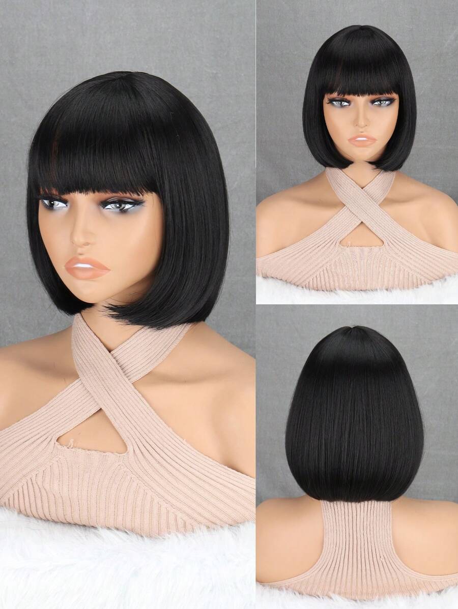 Peluca De Corte Bob Corto De 10 Pulgadas Con Flequillo Para Uso Diario Y Fiesta - Negro - Ver 1