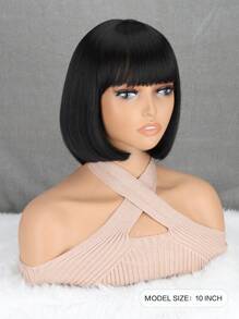 Peluca De Corte Bob Corto De 10 Pulgadas Con Flequillo Para Uso Diario Y Fiesta - Negro - Ver 2