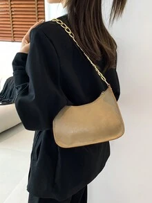 时尚金属链条肩带复古单肩包女包纯色油皮多功能腋下月牙包手提包 - 卡其色 - 查看 1