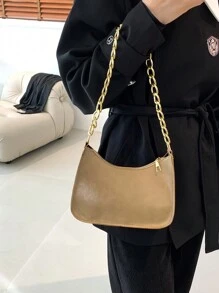 时尚金属链条肩带复古单肩包女包纯色油皮多功能腋下月牙包手提包 - 卡其色 - 查看 6