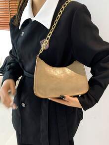 时尚金属链条肩带复古单肩包女包纯色油皮多功能腋下月牙包手提包 - 卡其色 - 查看 5