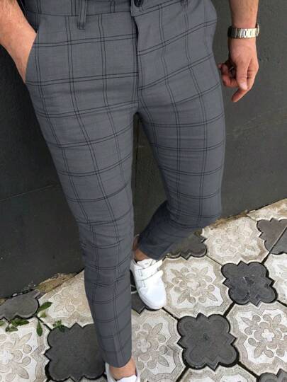 Pantalones de pinzas para hombre con estampado de rayas a cuadros