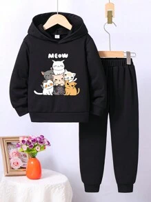 少女貓印花連帽衫和運動褲套裝 - 黑色 - 查看 1
