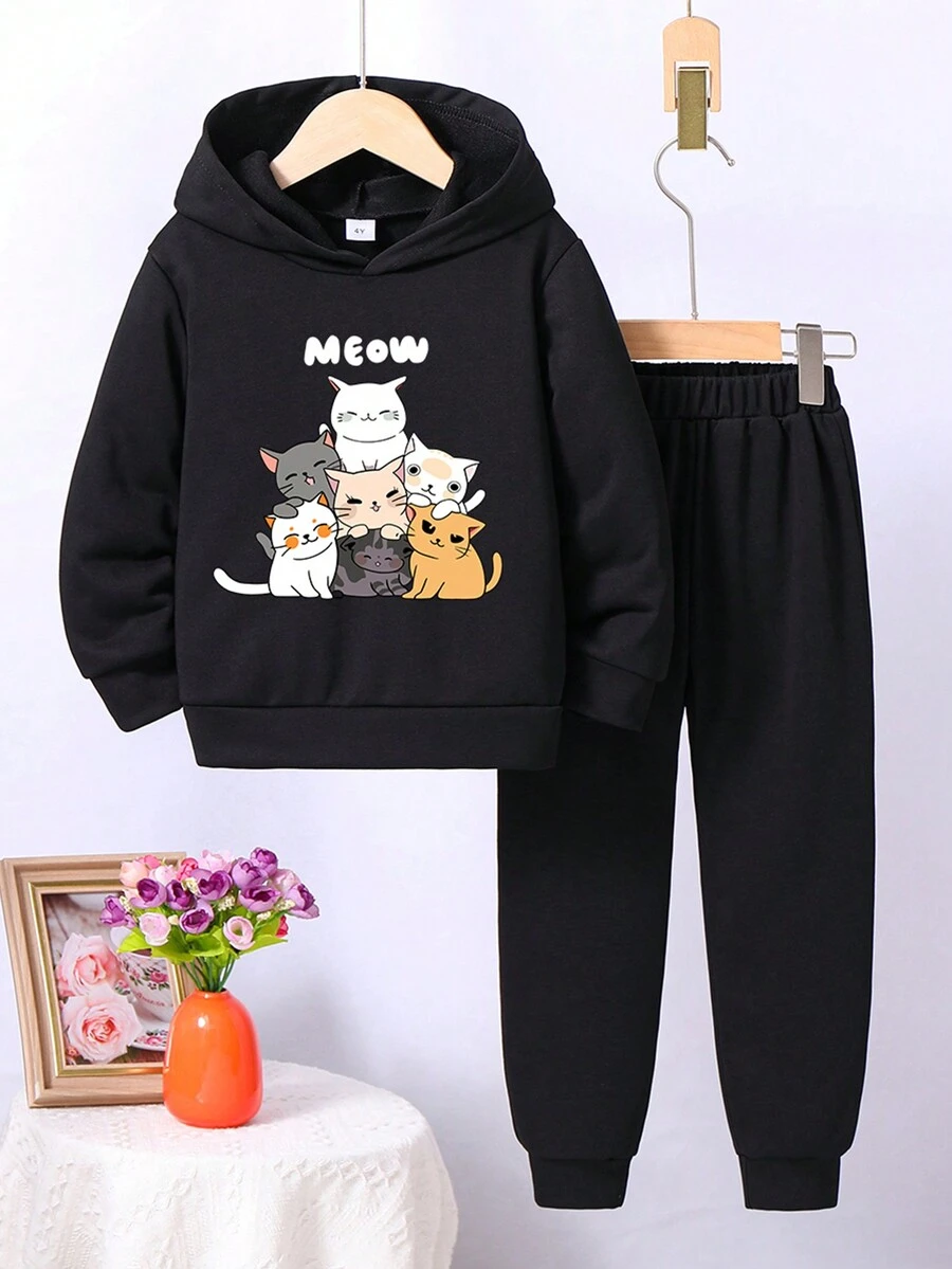 少女貓印花連帽衫和運動褲套裝 - 黑色 - 查看 1