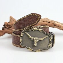 3.7cm Width Western Style Jeans Belt For Men, Explosion-Proof Street, Personalized Buckle, High-End And Vintage Waist Belt - Brown - View 4