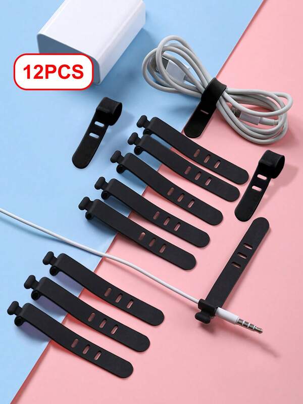 12pcs Black Silicone Cable Ties Portable Data Cable & Net Cable Organizer Earphone Charging Wire Anti-Loss Strap