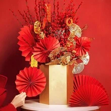 6入組/包花紋紙折扇,用作新年裝飾 - 紅色 - 查看 8