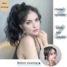 18吋柔軟馬尾假髮,帶式高溫絲大波浪馬尾自然輕盈,辮子假髮 - 黑色 - 查看 2