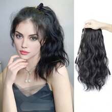 18吋柔軟馬尾假髮,帶式高溫絲大波浪馬尾自然輕盈,辮子假髮 - 黑色 - 查看 1