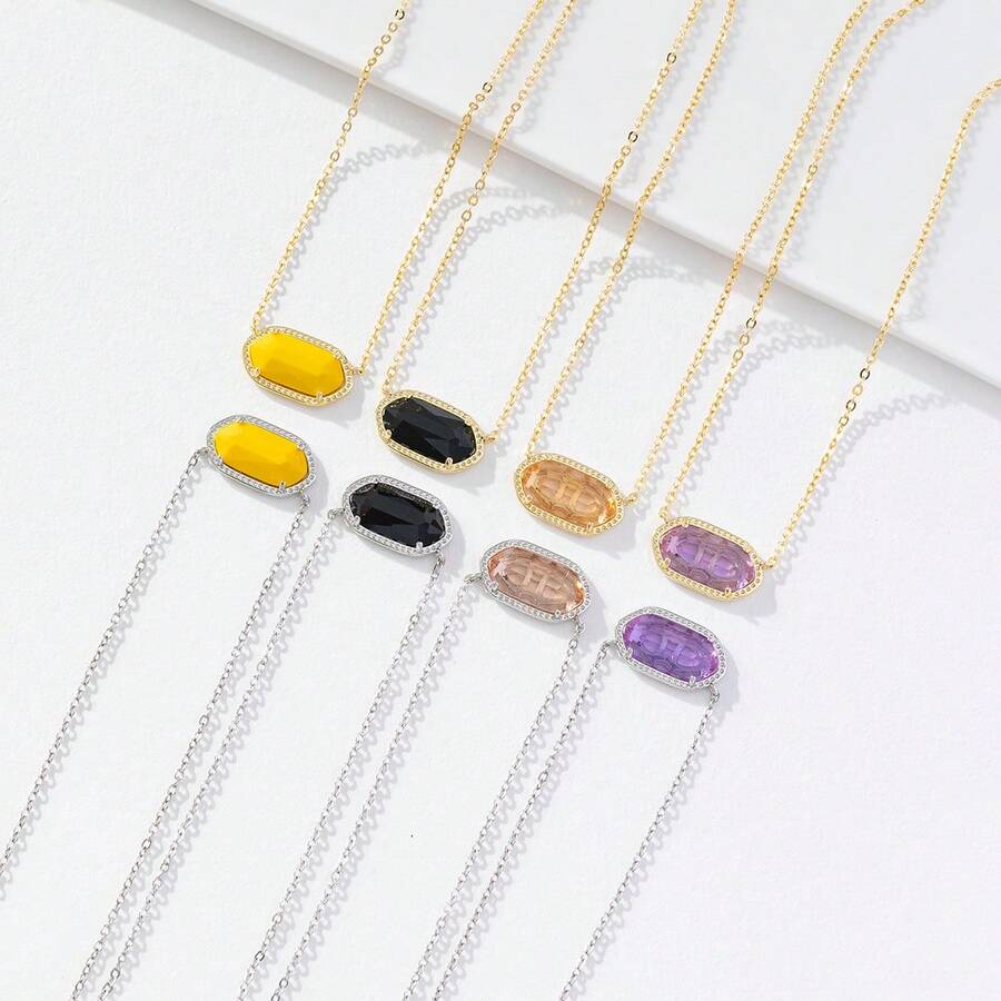 1條可愛且簡潔的多彩方形鑲嵌立方氧化鋯寶石頸鍊,非常適合家庭禮品和女性日常佩戴 - 菱形(銀) - 查看 1