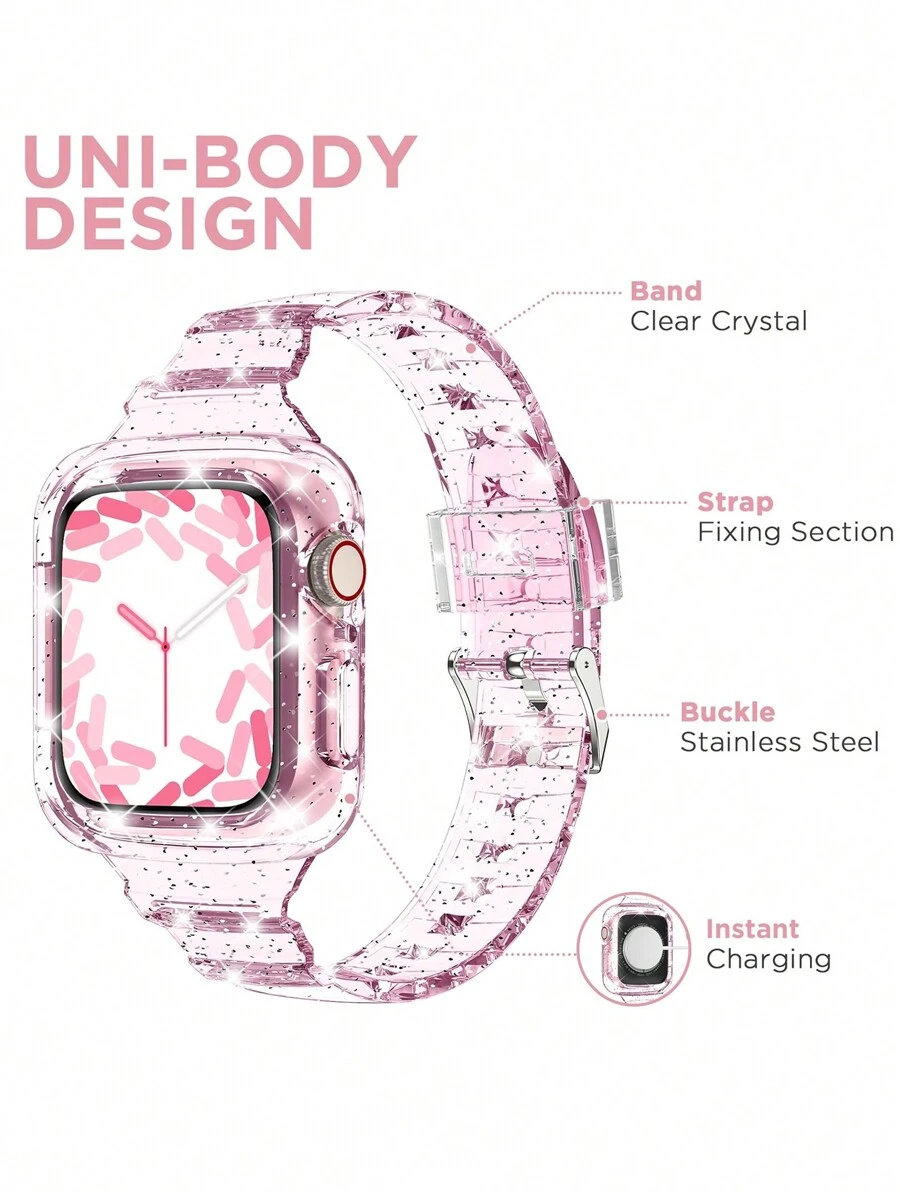 2-In-1 Glitter Bling Slim Crystal Transparent Sports Watch Band With Bumper Case Compatible With Apple Watch Band 38mm 40mm 41mm 42mm 44mm 45mm 46mm 49mm, Bezel Wristband Suitable For Apple Watch 11/10/9/8/7/6/5/4/3/2/1/SE Ultra Women/Men, Watch Screen Not Included - Pink - View 1