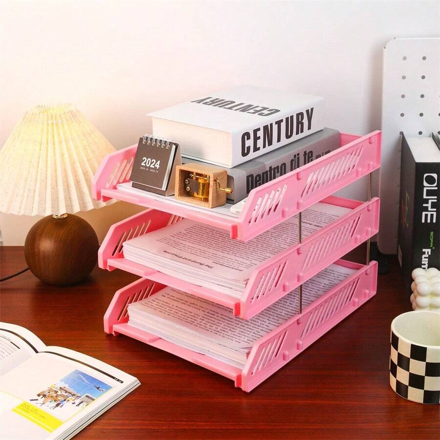 3 層塑膠文件托盤桌面文件收納盒,辦公桌水平文件架,學校、家庭、辦公室多層隔間儲物架,a4 紙和文件夾 - 粉色 - 查看 1