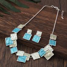 1套復古多彩幾何方形搪瓷項鍊和耳環套裝,女性節日珠寶 - 幾何 - 查看 13