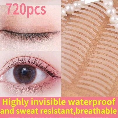 720片透明双眼皮贴，采用超薄防水纤维材质，自然双眼皮设计，包含三种款式，可调节橄榄眼皮、单眼皮和月牙形双眼皮。适用于化妆、家居装饰、梳妆台、旅行、卧室、化妆配件、圣诞礼物、化妆工具、礼品、女士礼物、圣诞礼物、赠品、旅行、旅行必备品。