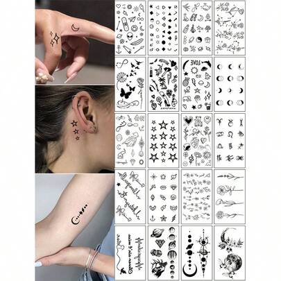 20 款创意小图案设计临时纹身贴纸，适合男女，假纹身贴纸合集，包含星星、行星、英文短语、花朵等小图案，防水、防汗、耐用且易于使用，逼真的临时纹身，适用于手臂、手指、颈部、锁骨等部位
