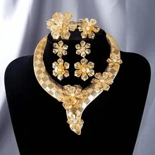 Gold Plated Flower Hollow Jewelry Set Necklace Earrings Bracelet Rings - Style one - View 7