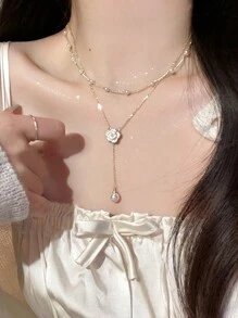 1條雙層性感y型流蘇和山茶花珍珠女士項鍊 - 金色 - 查看 1